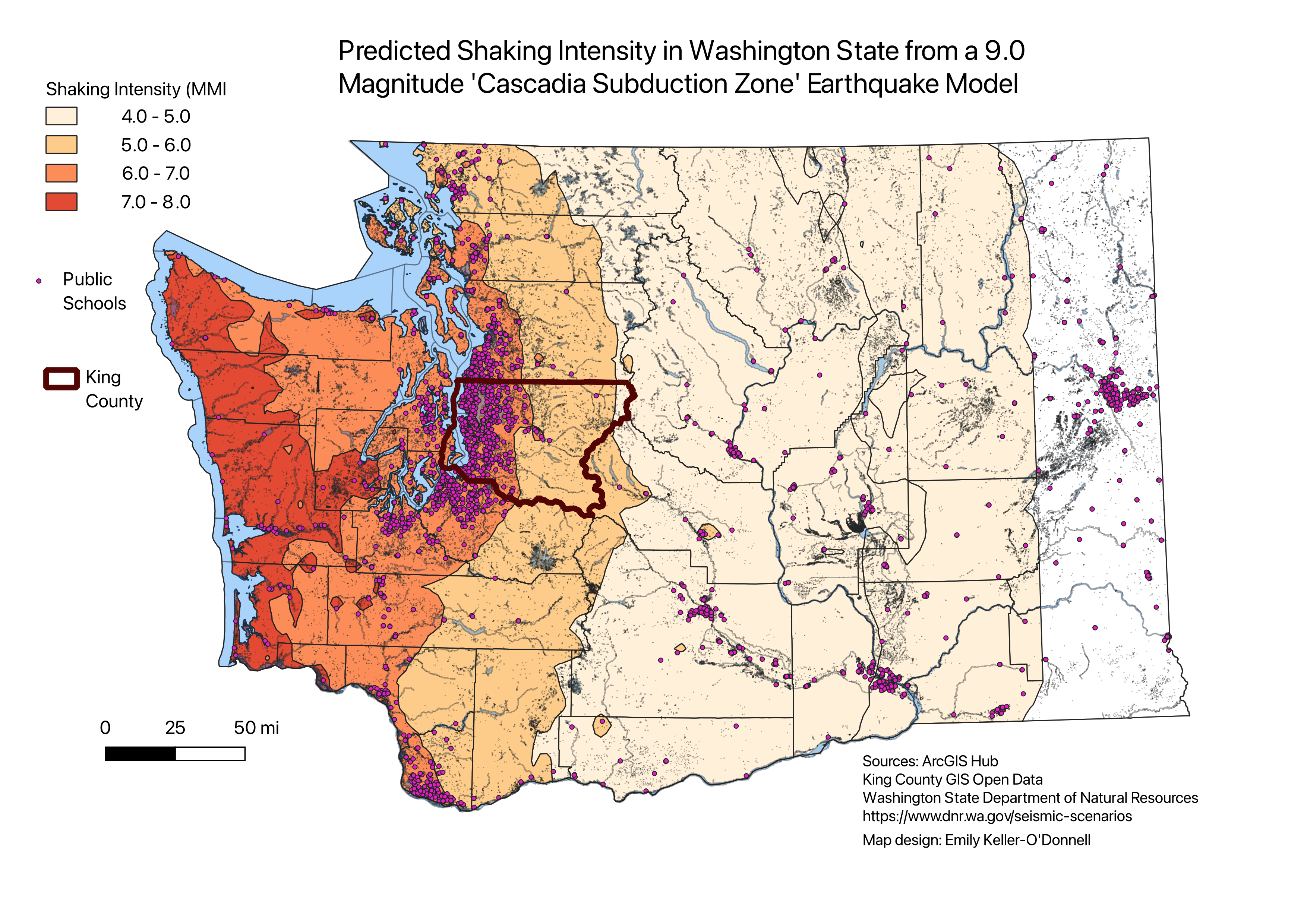 Impact zones for Seattle zone earthquake overlapping with school locations on a map of Washington State, with an outline around King County