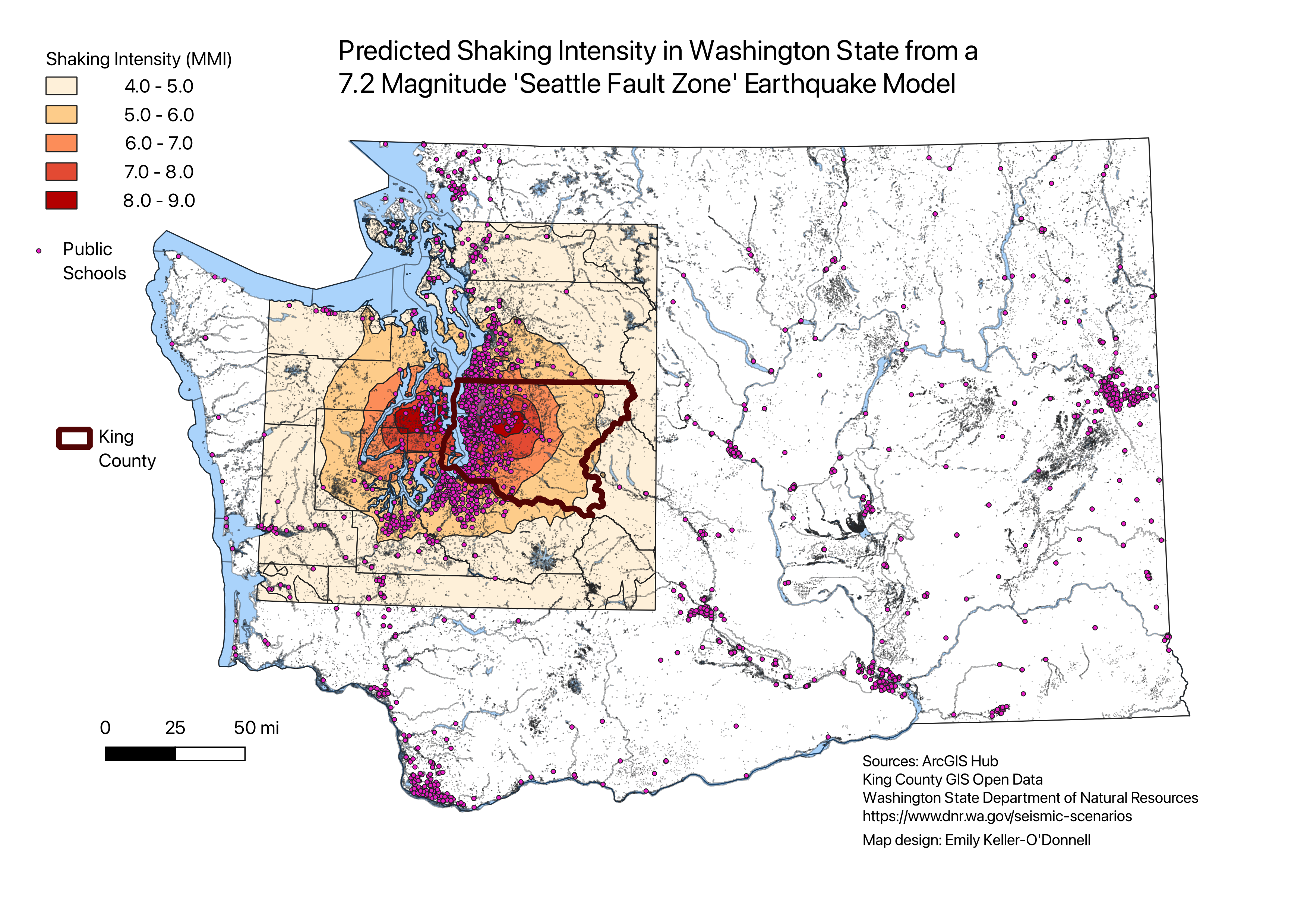 Impact zones for Cascadia Subduction Zone earthquake overlapping with school locations on a map of Washington State, with an outline around King County